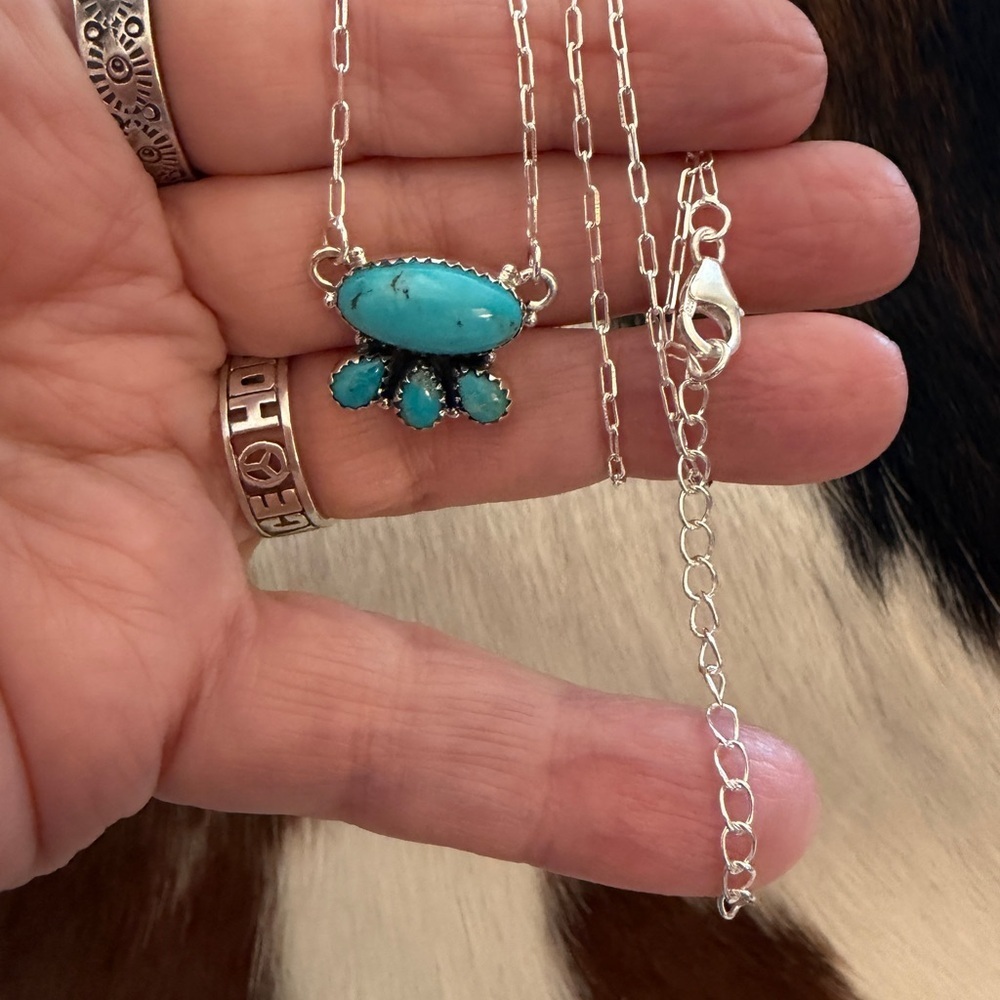 ❤️ Kingman Turquoise 4 Stone Pendant 925 Sterling 16+2” Adj Paper Clip Necklace - Picture 5 of 15